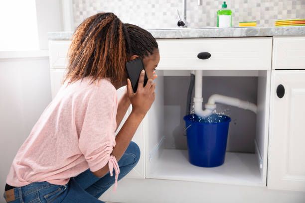 Young Woman Calling Plumber Crouching In Front Of Water Leaking From Sink Pipe